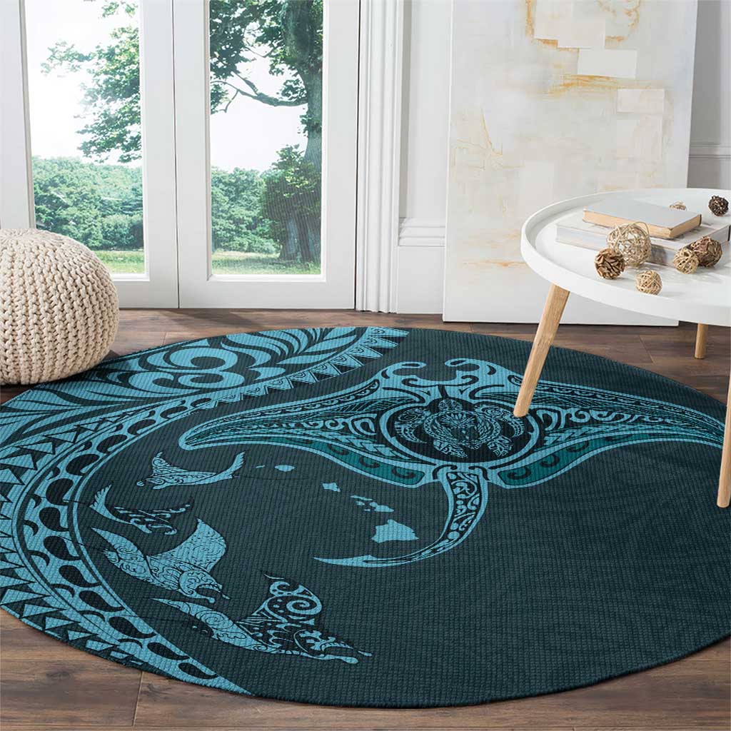 Hawaiian Manta Ray and Polynesian Tribal Tattoo Round Carpet Turquoise Color LT03 - Polynesian Pride