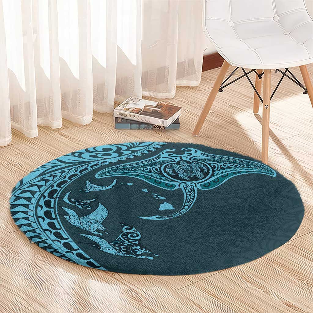 Hawaiian Manta Ray and Polynesian Tribal Tattoo Round Carpet Turquoise Color LT03 - Polynesian Pride