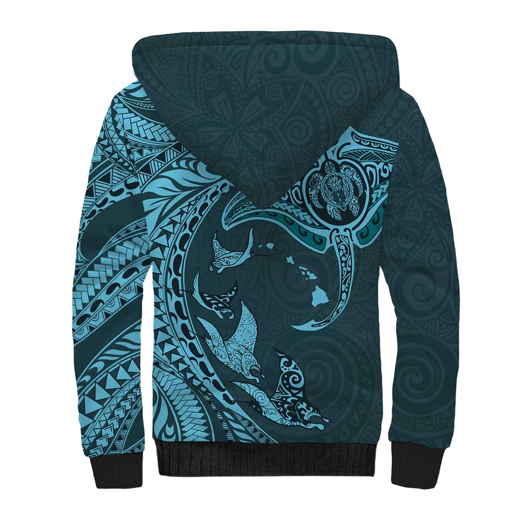 Hawaiian Manta Ray and Polynesian Tribal Tattoo Sherpa Hoodie Turquoise Color LT03
