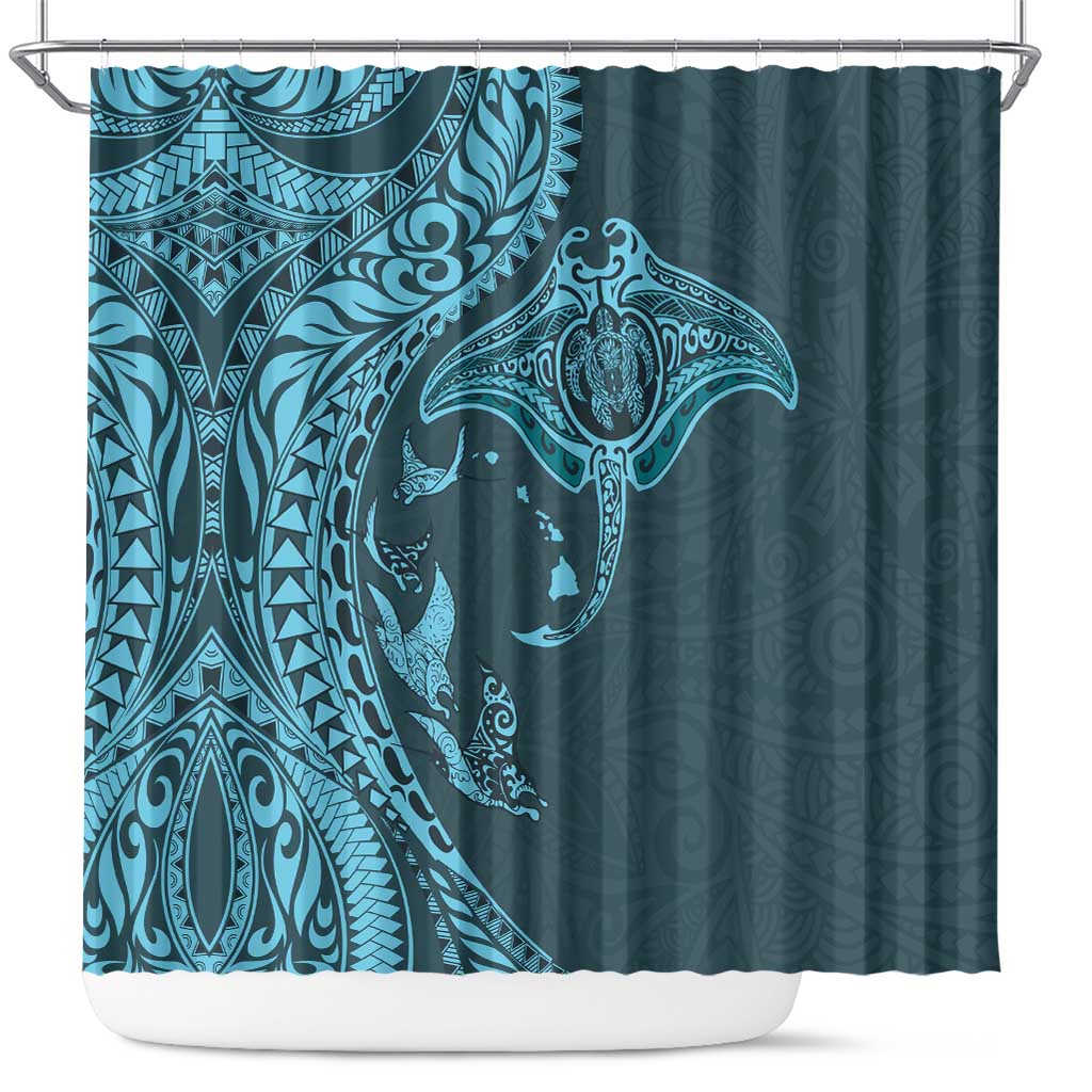 Hawaiian Manta Ray and Polynesian Tribal Tattoo Shower Curtain Turquoise Color LT03 Turquoise - Polynesian Pride