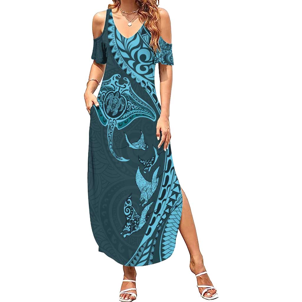turquoise summer maxi dress Hawaiian Manta Ray and Polynesian Tribal Tattoo Summer Maxi Dress Turq