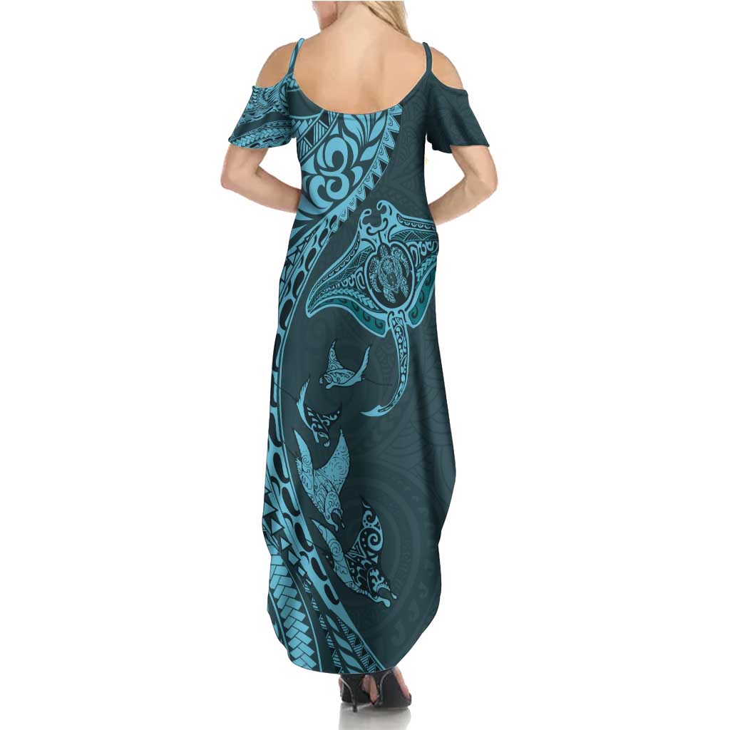 Hawaiian Manta Ray and Polynesian Tribal Tattoo Summer Maxi Dress Turquoise Color LT03 - Polynesian Pride