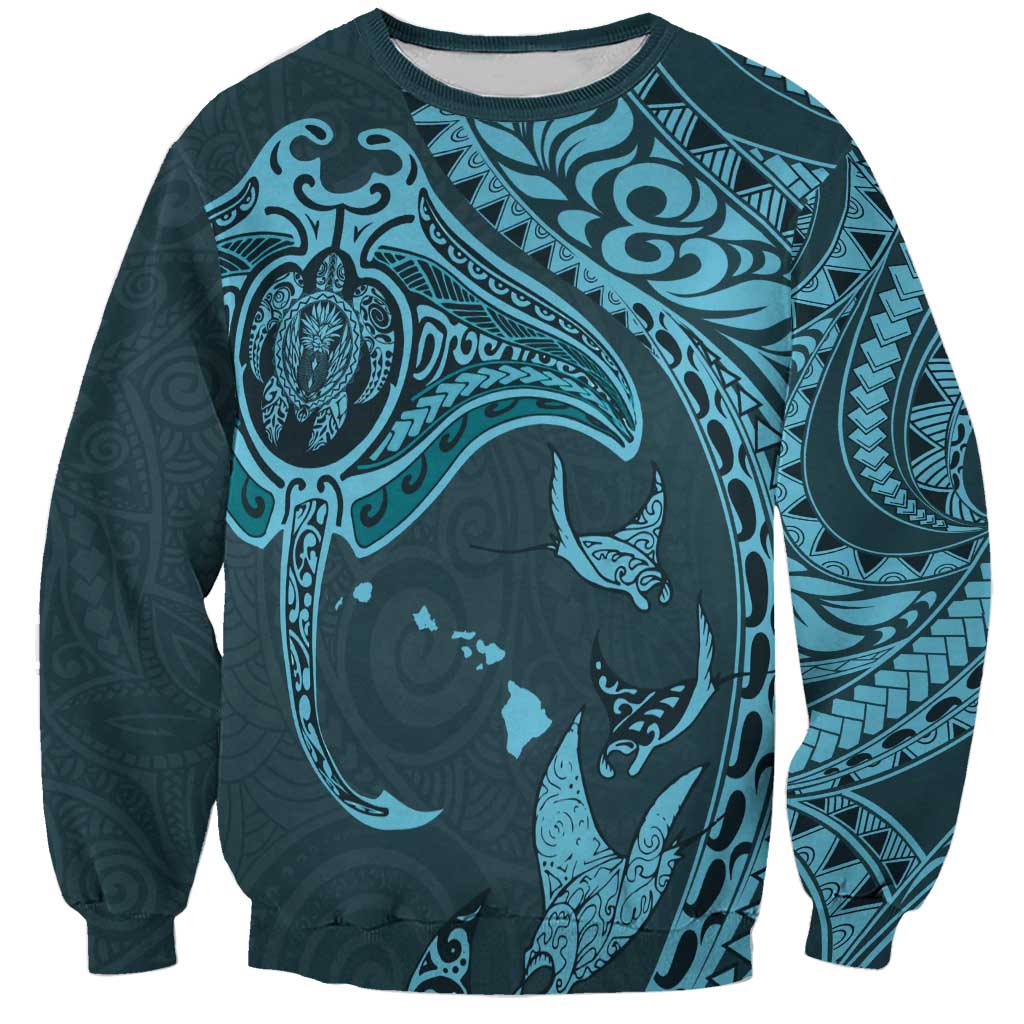 Hawaiian Manta Ray and Polynesian Tribal Tattoo Sweatshirt Turquoise Color LT03