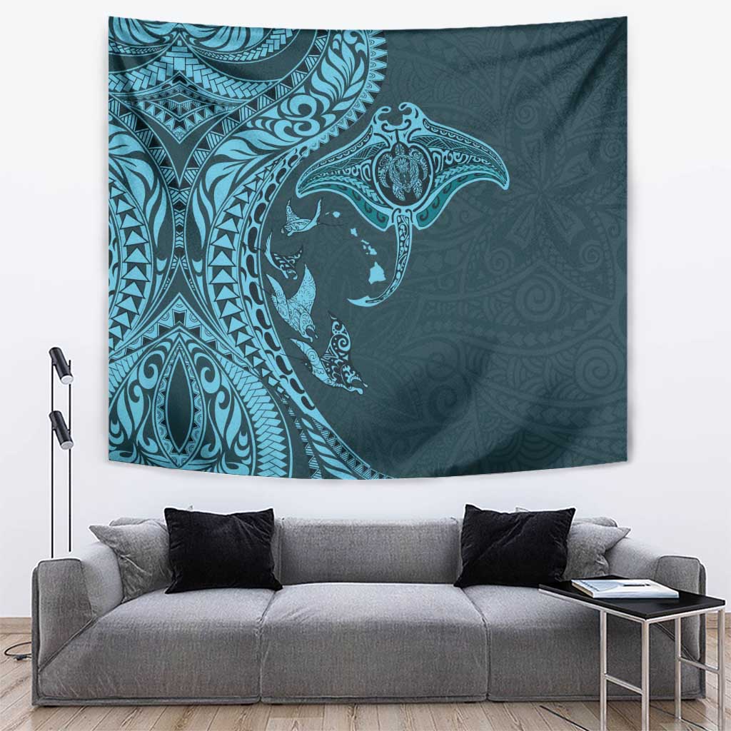 Hawaiian Manta Ray and Polynesian Tribal Tattoo Tapestry Turquoise Color LT03 Turquoise - Polynesian Pride