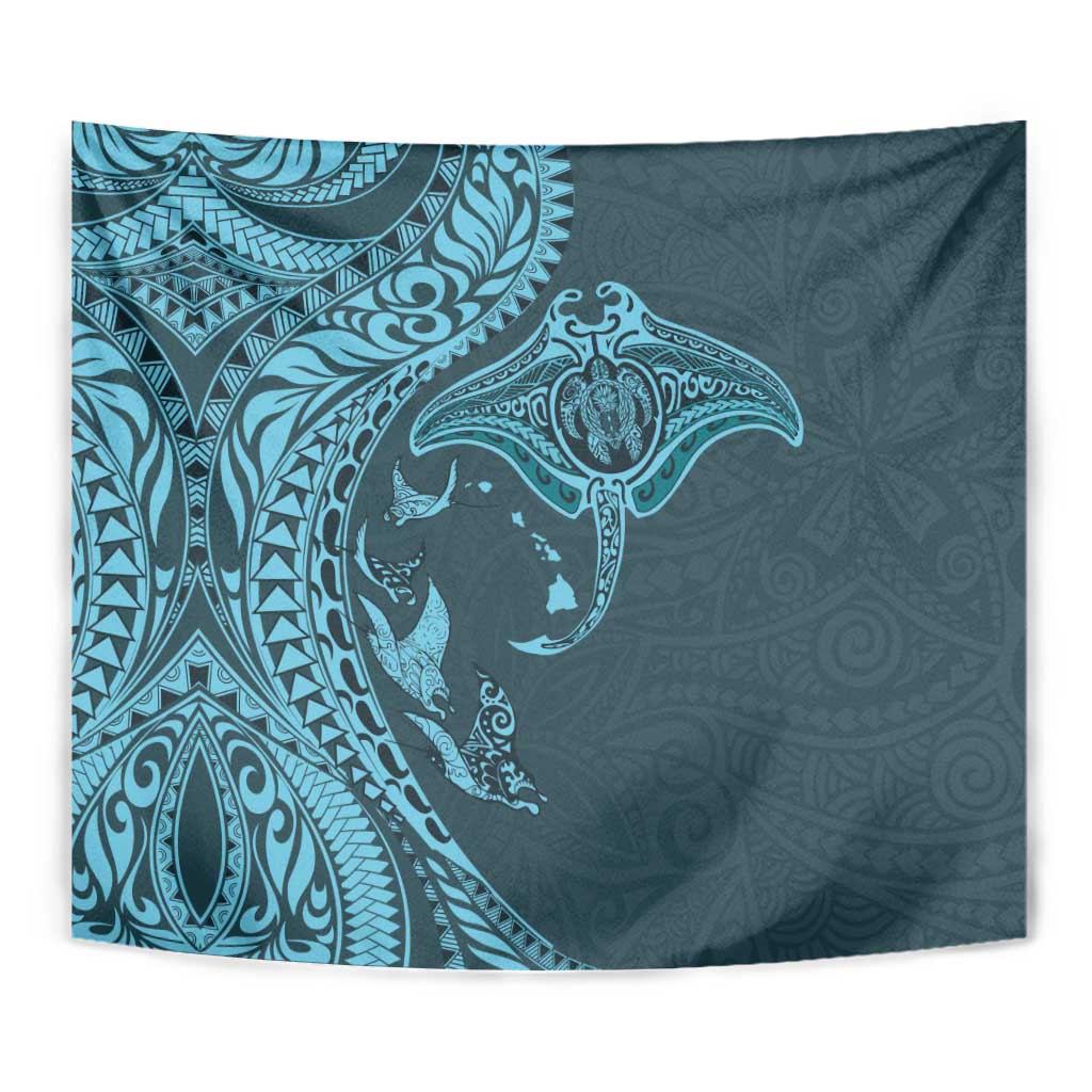 Hawaiian Manta Ray and Polynesian Tribal Tattoo Tapestry Turquoise Color LT03