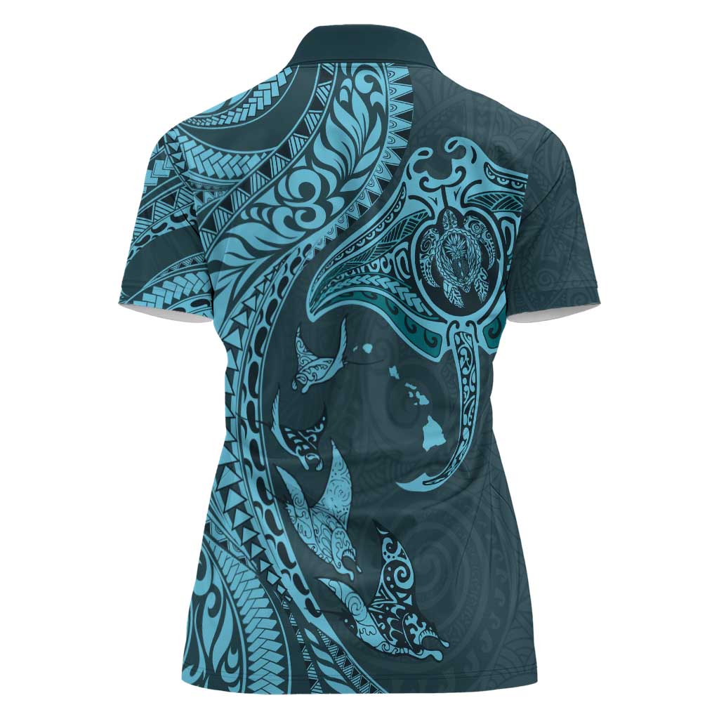 Hawaiian Manta Ray and Polynesian Tribal Tattoo Women Polo Shirt Turquoise Color LT03