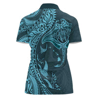Hawaiian Manta Ray and Polynesian Tribal Tattoo Women Polo Shirt Turquoise Color LT03