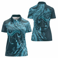 Hawaiian Manta Ray and Polynesian Tribal Tattoo Women Polo Shirt Turquoise Color LT03