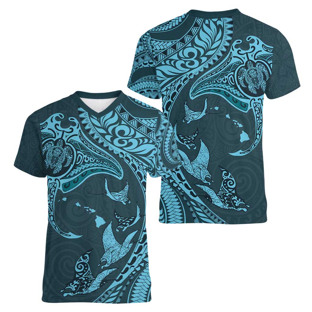 Hawaiian Manta Ray and Polynesian Tribal Tattoo Women V-Neck T-Shirt Turquoise Color LT03