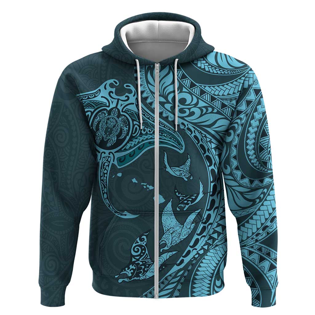 Hawaiian Manta Ray and Polynesian Tribal Tattoo Zip Hoodie Turquoise Color LT03