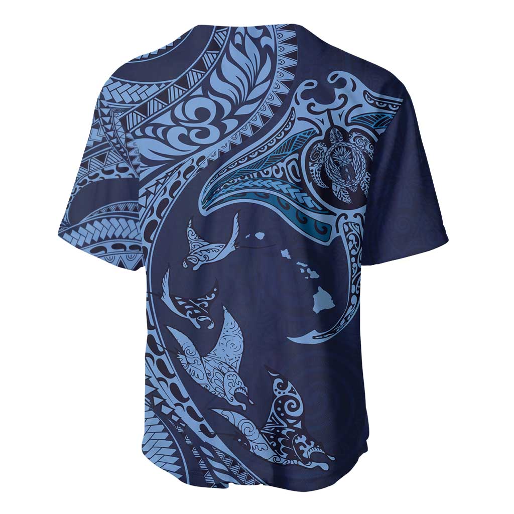 Hawaiian Manta Ray and Polynesian Tribal Tattoo Baseball Jersey Dark Navy Color LT03 - Polynesian Pride