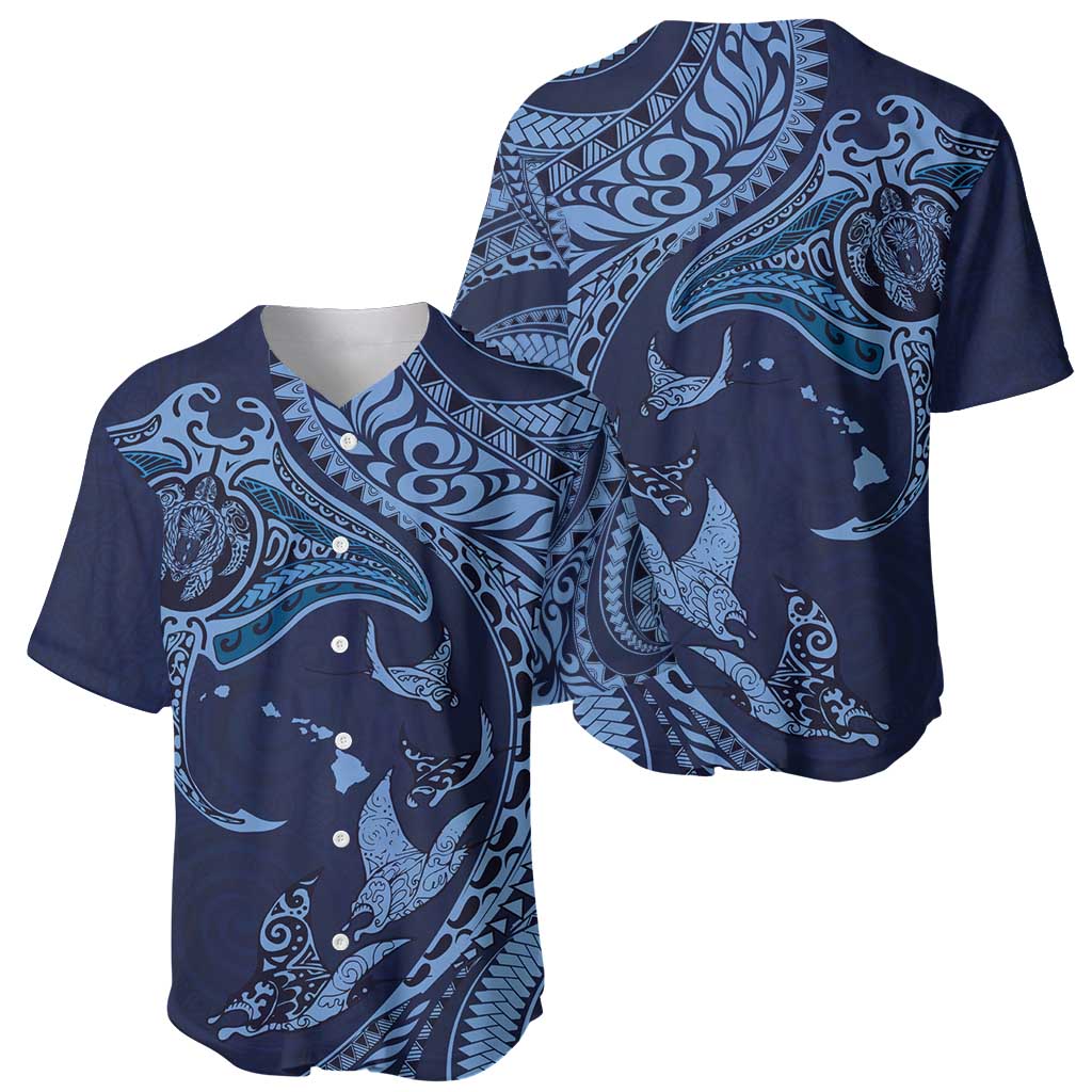 Hawaiian Manta Ray and Polynesian Tribal Tattoo Baseball Jersey Dark Navy Color LT03 - Polynesian Pride