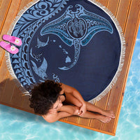 Hawaiian Manta Ray and Polynesian Tribal Tattoo Beach Blanket Dark Navy Color LT03