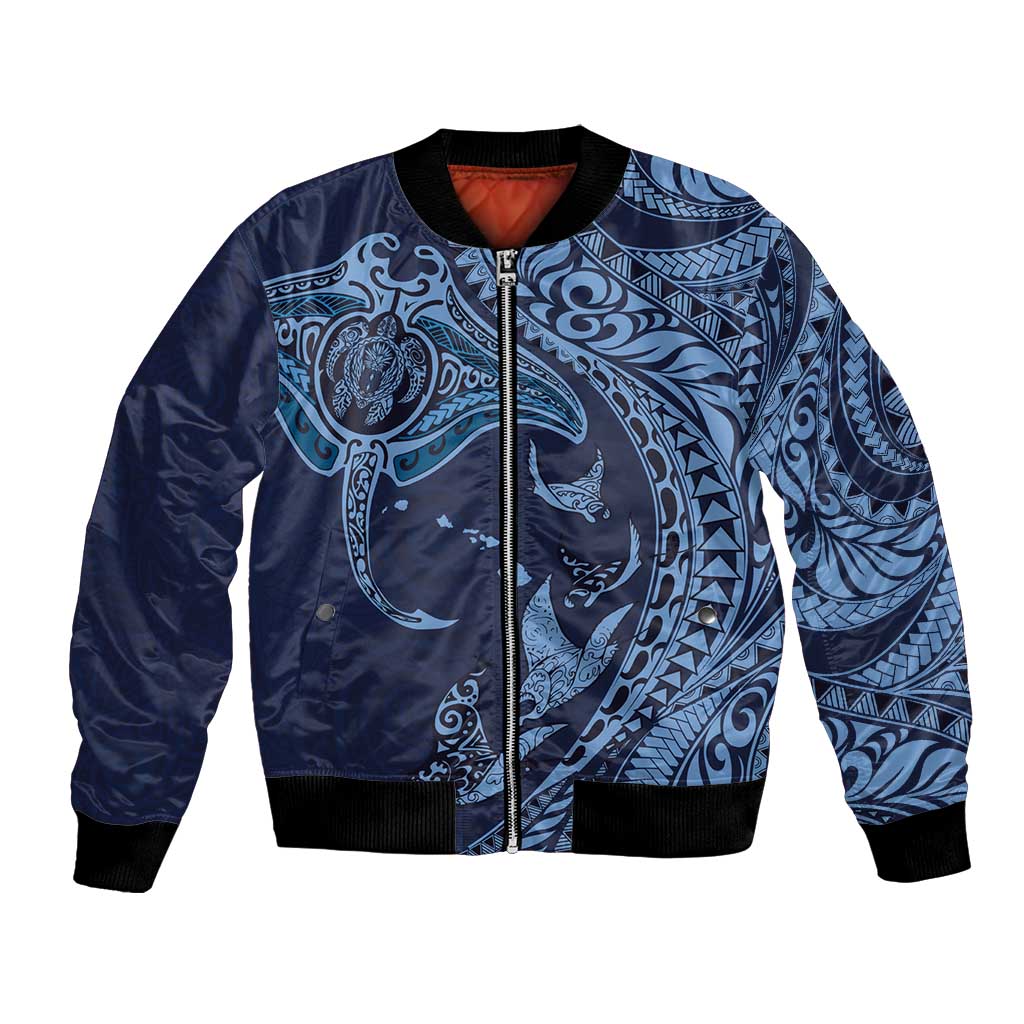 Hawaiian Manta Ray and Polynesian Tribal Tattoo Bomber Jacket Dark Navy Color LT03 Unisex Dark Navy - Polynesian Pride