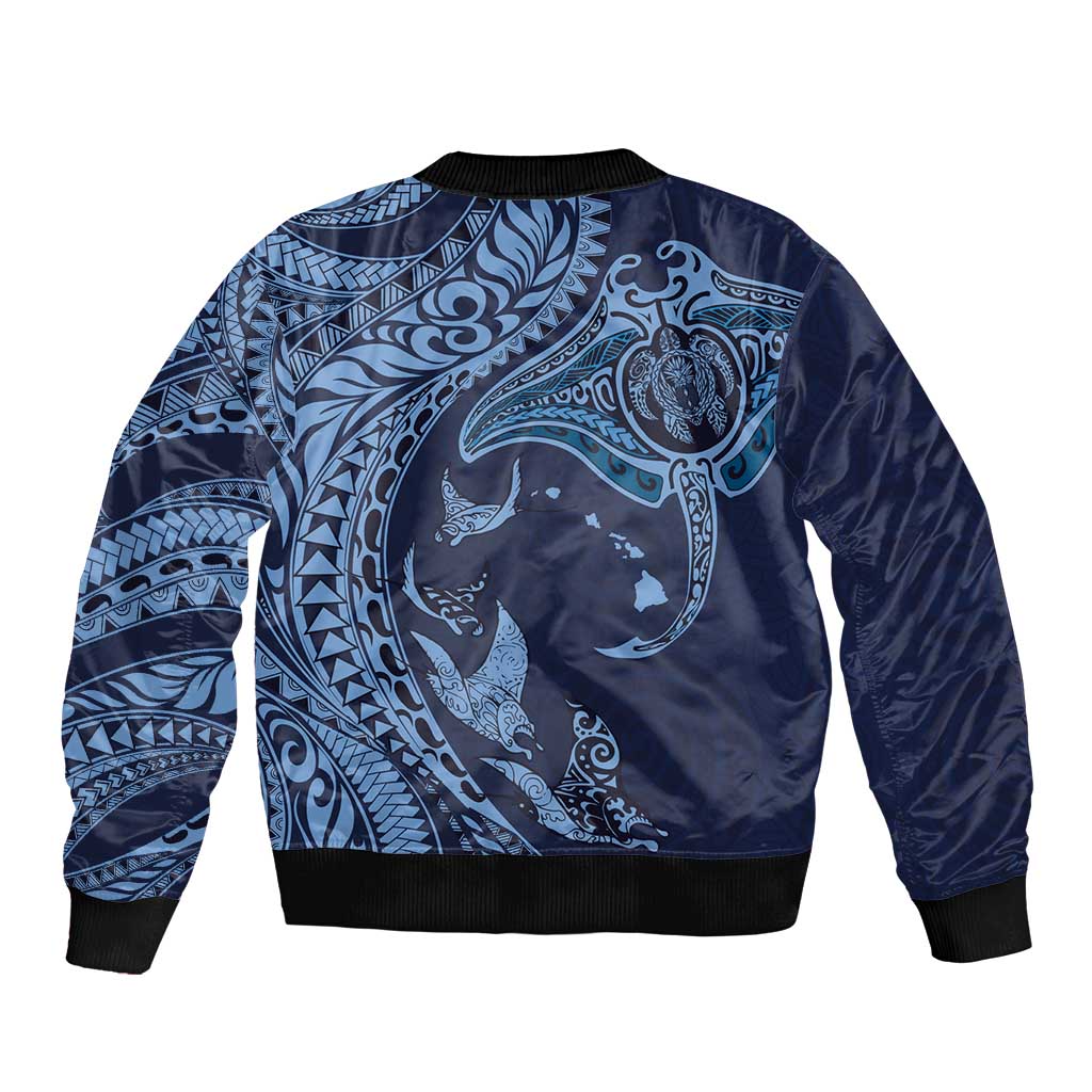 Hawaiian Manta Ray and Polynesian Tribal Tattoo Bomber Jacket Dark Navy Color LT03