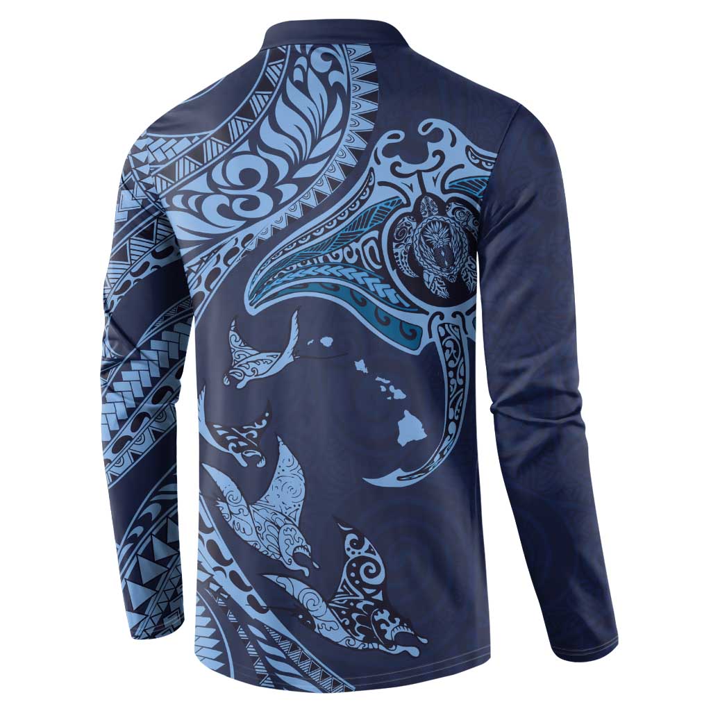 Hawaiian Manta Ray and Polynesian Tribal Tattoo Button Sweatshirt Dark Navy Color LT03 - Polynesian Pride