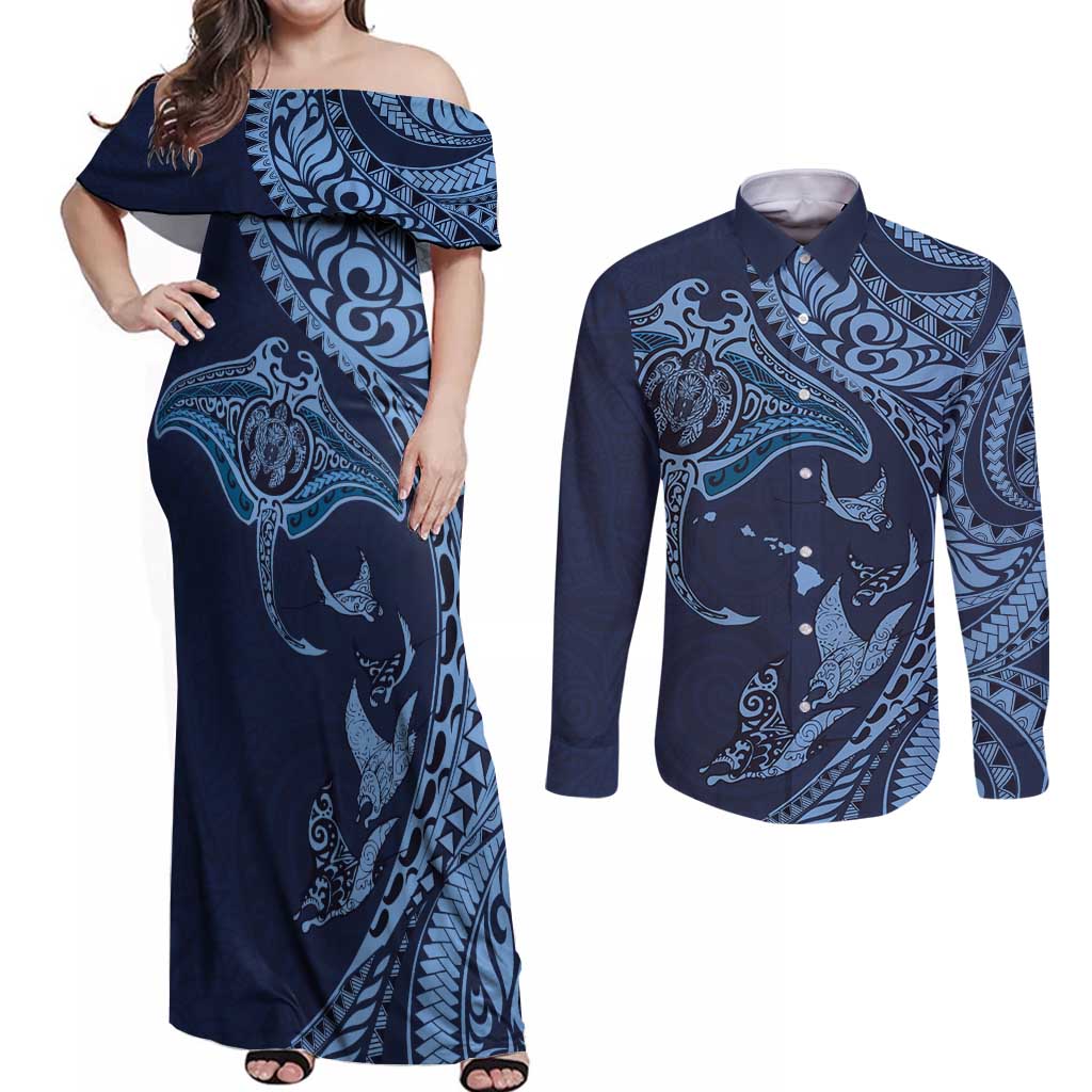 Hawaiian Manta Ray and Polynesian Tribal Tattoo Couples Matching Off Shoulder Maxi Dress and Long Sleeve Button Shirt Dark Navy Color LT03 Dark Navy - Polynesian Pride