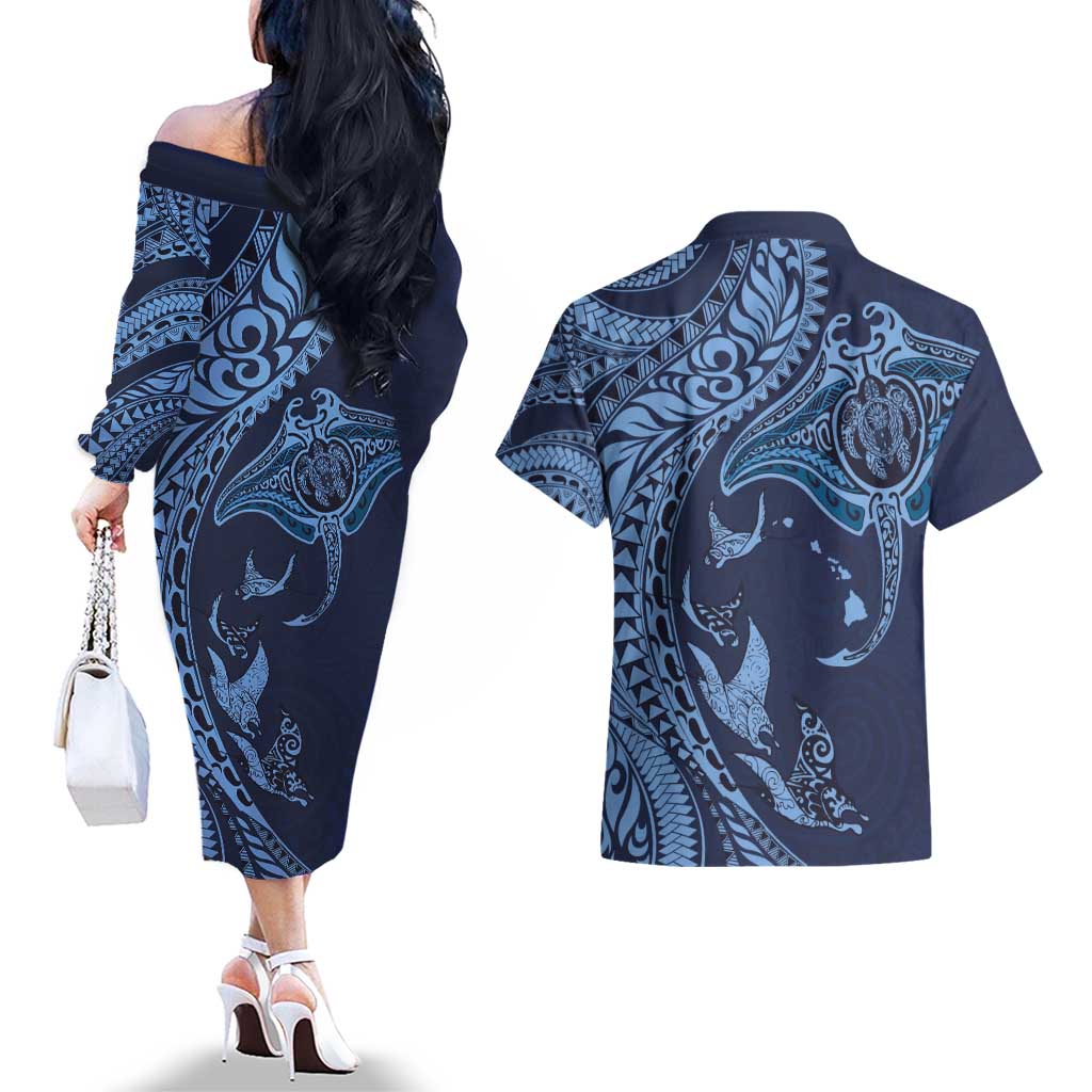 Hawaiian Manta Ray and Polynesian Tribal Tattoo Couples Matching Off The Shoulder Long Sleeve Dress and Hawaiian Shirt Dark Navy Color LT03