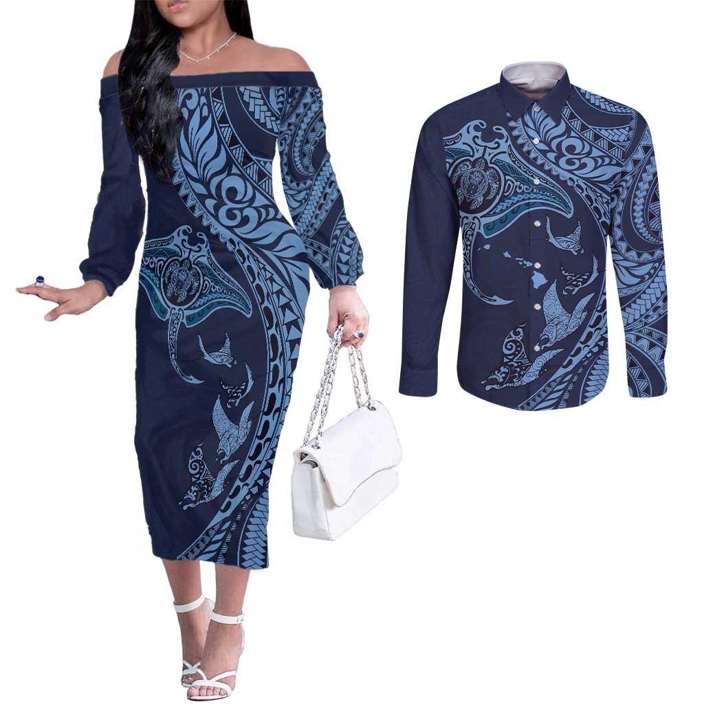 Hawaiian Manta Ray and Polynesian Tribal Tattoo Couples Matching Off The Shoulder Long Sleeve Dress and Long Sleeve Button Shirt Dark Navy Color LT03