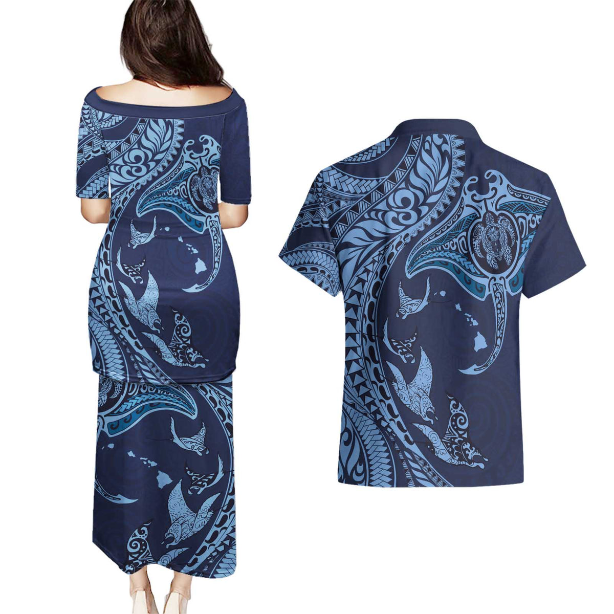 Hawaiian Manta Ray and Polynesian Tribal Tattoo Couples Matching Puletasi and Hawaiian Shirt Dark Navy Color LT03