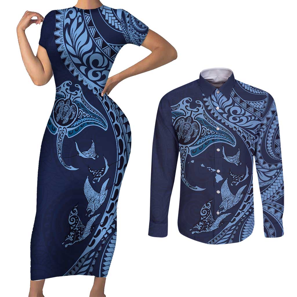 Hawaiian Manta Ray and Polynesian Tribal Tattoo Couples Matching Short Sleeve Bodycon Dress and Long Sleeve Button Shirt Dark Navy Color LT03