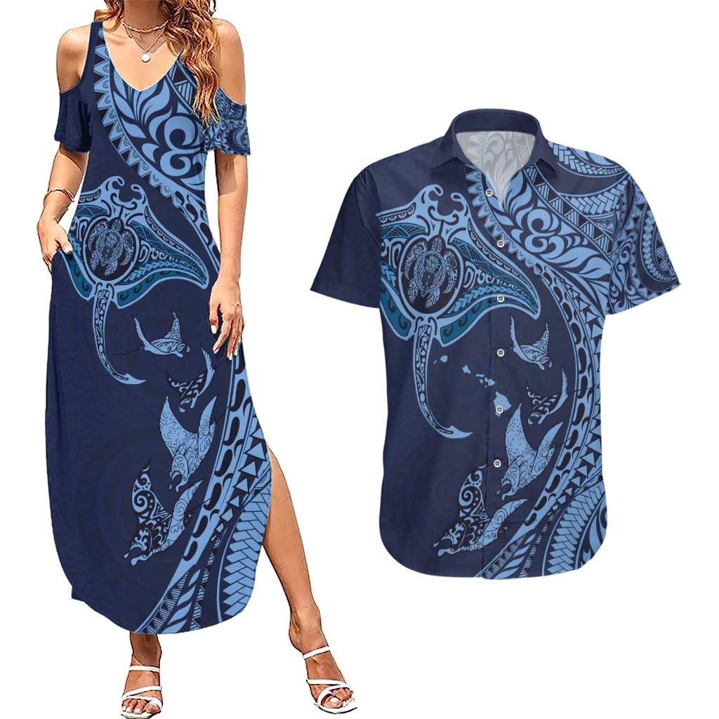 Hawaiian Manta Ray and Polynesian Tribal Tattoo Couples Matching Summer Maxi Dress and Hawaiian Shirt Dark Navy Color LT03