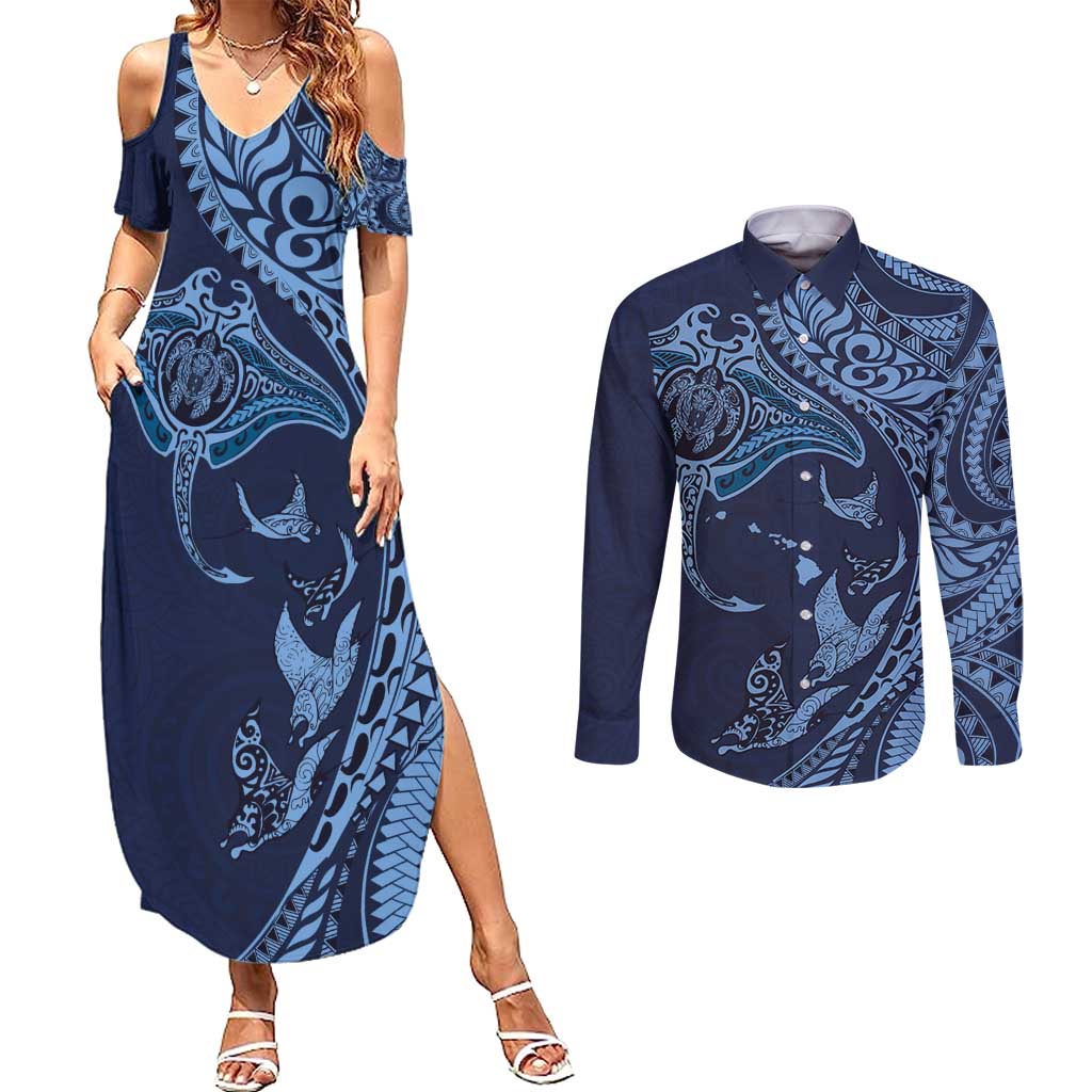 Hawaiian Manta Ray and Polynesian Tribal Tattoo Couples Matching Summer Maxi Dress and Long Sleeve Button Shirt Dark Navy Color LT03 Dark Navy - Polynesian Pride