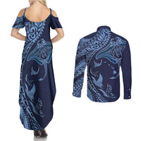 Hawaiian Manta Ray and Polynesian Tribal Tattoo Couples Matching Summer Maxi Dress and Long Sleeve Button Shirt Dark Navy Color LT03