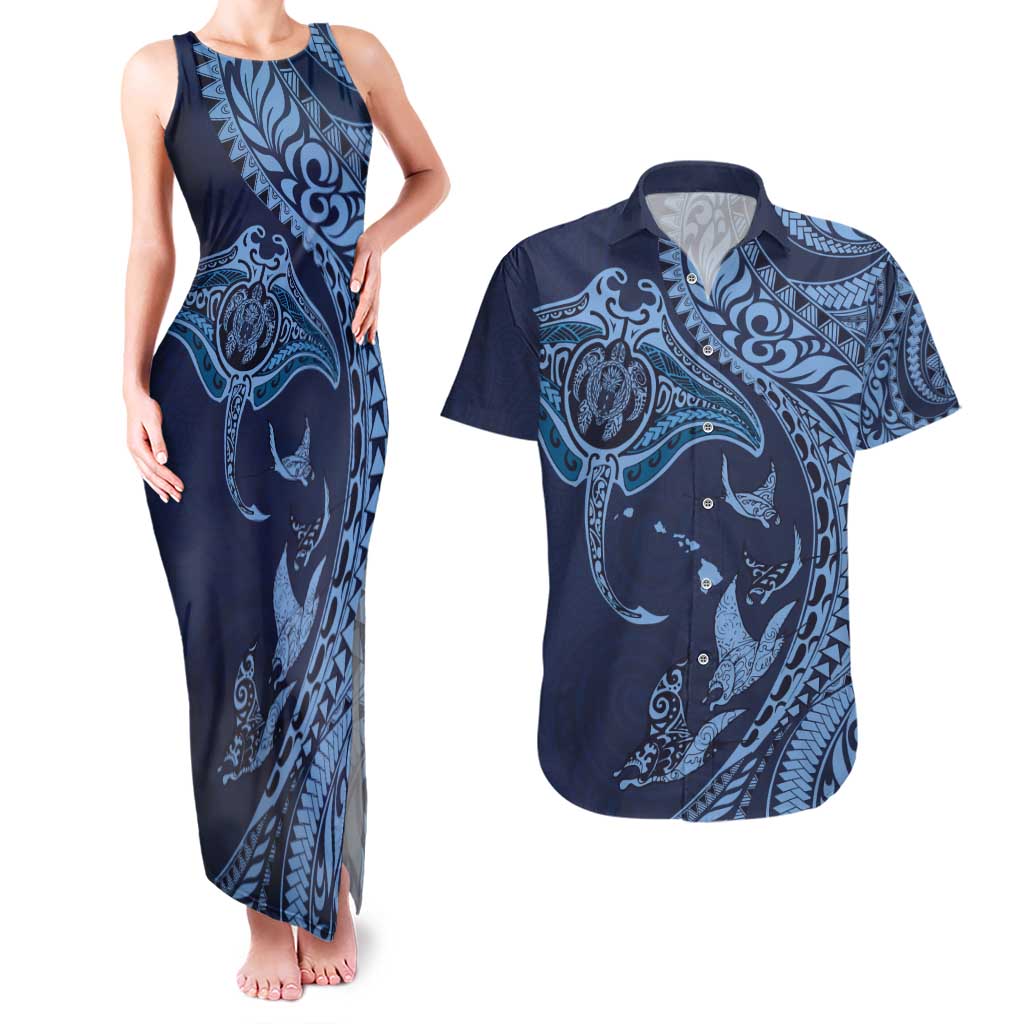 Hawaiian Manta Ray and Polynesian Tribal Tattoo Couples Matching Tank Maxi Dress and Hawaiian Shirt Dark Navy Color LT03 Dark Navy - Polynesian Pride