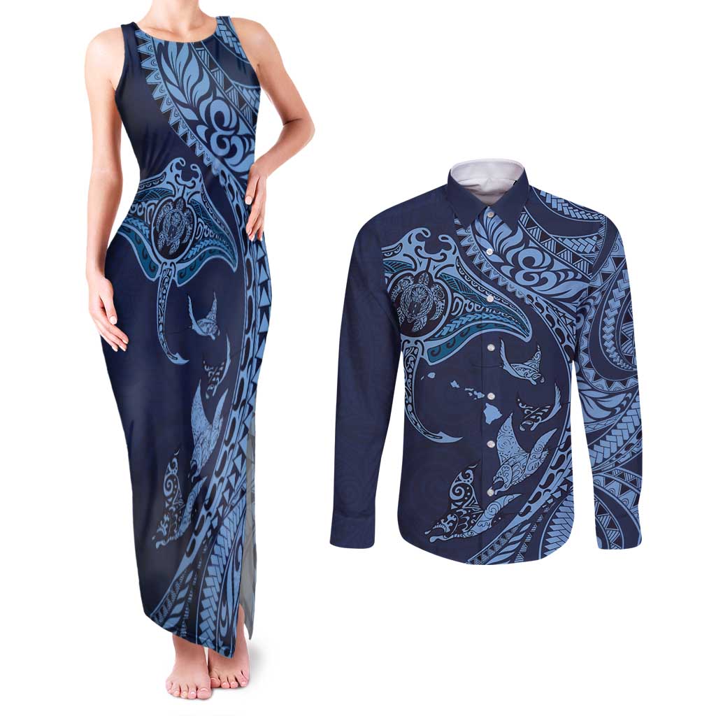 Hawaiian Manta Ray and Polynesian Tribal Tattoo Couples Matching Tank Maxi Dress and Long Sleeve Button Shirt Dark Navy Color LT03