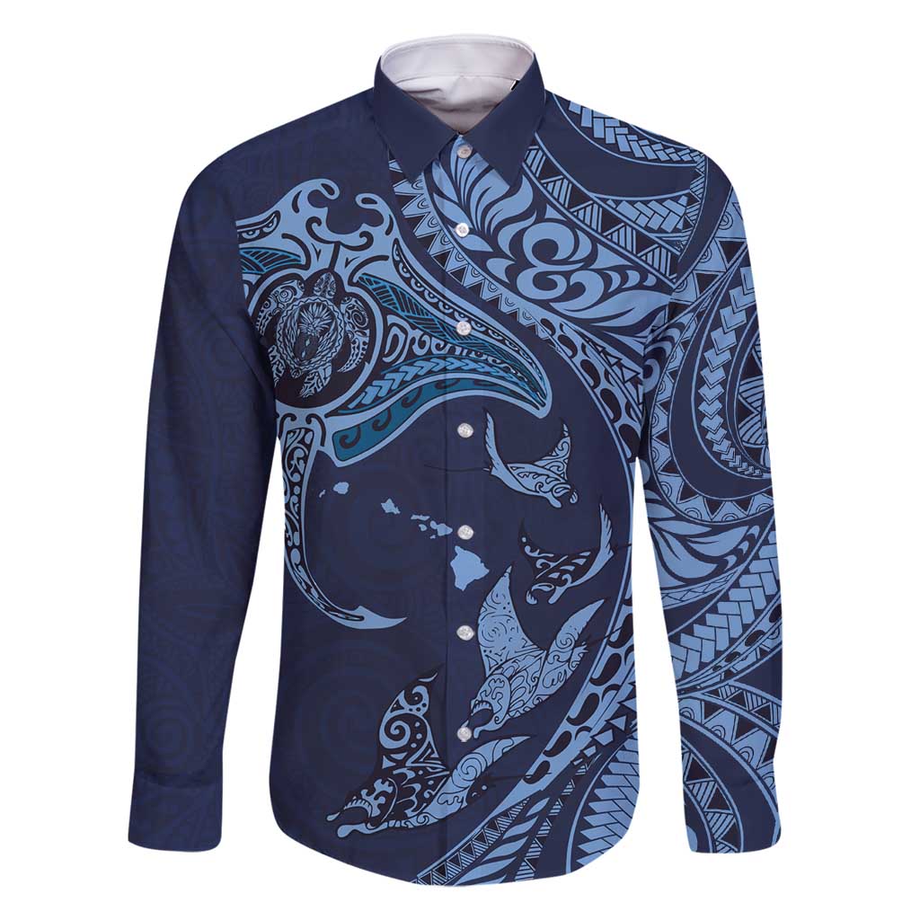 Hawaiian Manta Ray and Polynesian Tribal Tattoo Family Matching Long Sleeve Bodycon Dress and Hawaiian Shirt Dark Navy Color LT03