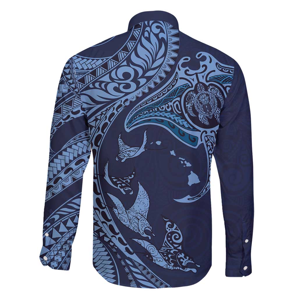 Hawaiian Manta Ray and Polynesian Tribal Tattoo Family Matching Mermaid Dress and Hawaiian Shirt Dark Navy Color LT03 - Polynesian Pride