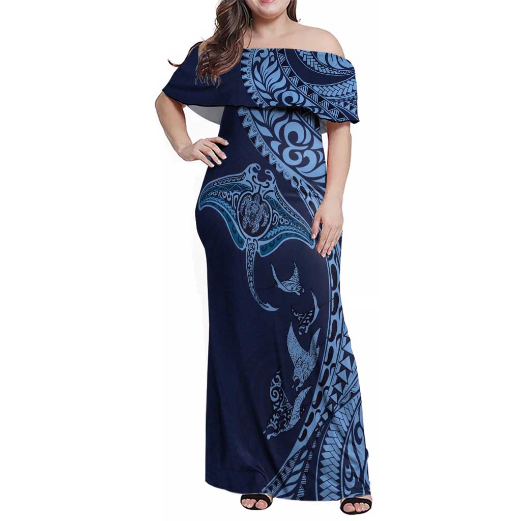 Hawaiian Manta Ray and Polynesian Tribal Tattoo Family Matching Off Shoulder Maxi Dress and Hawaiian Shirt Dark Navy Color LT03