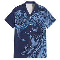 Hawaiian Manta Ray and Polynesian Tribal Tattoo Family Matching Off Shoulder Short Dress and Hawaiian Shirt Dark Navy Color LT03