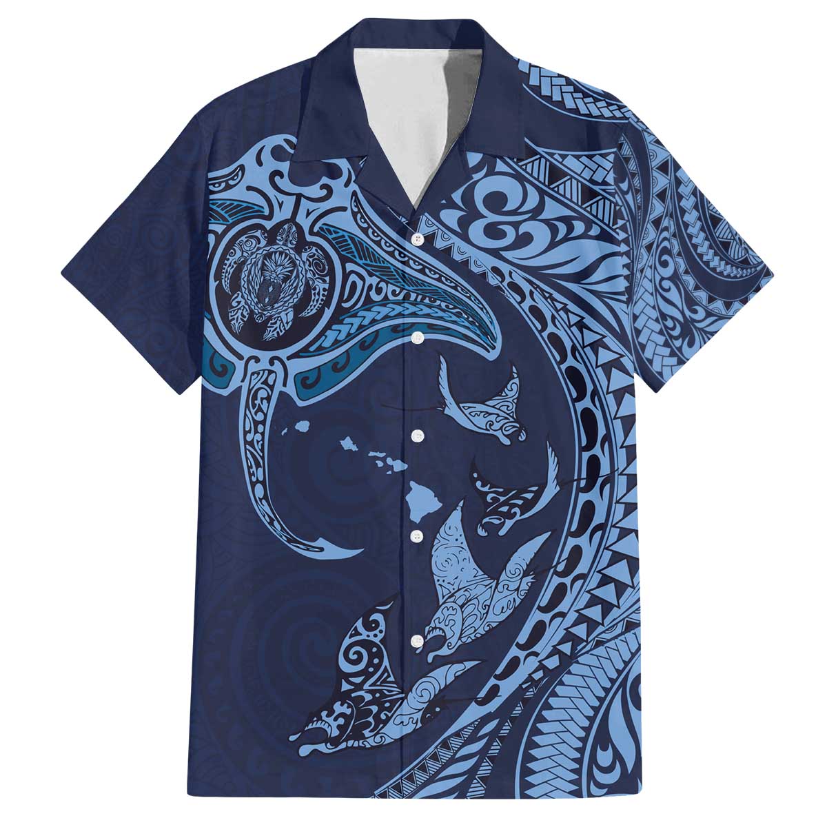 Hawaiian Manta Ray and Polynesian Tribal Tattoo Family Matching Puletasi and Hawaiian Shirt Dark Navy Color LT03
