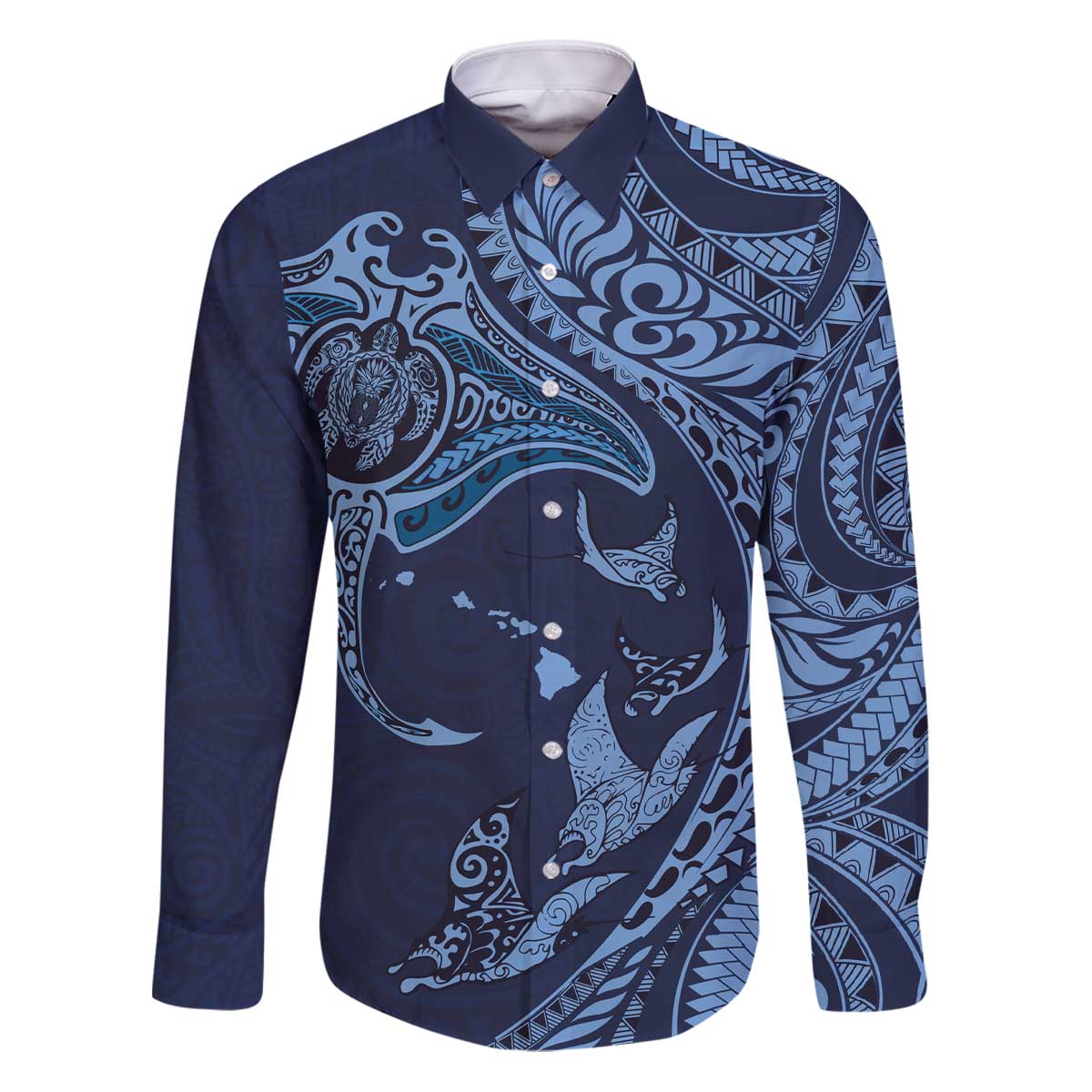 Hawaiian Manta Ray and Polynesian Tribal Tattoo Family Matching Puletasi and Hawaiian Shirt Dark Navy Color LT03