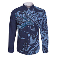 Hawaiian Manta Ray and Polynesian Tribal Tattoo Family Matching Puletasi and Hawaiian Shirt Dark Navy Color LT03