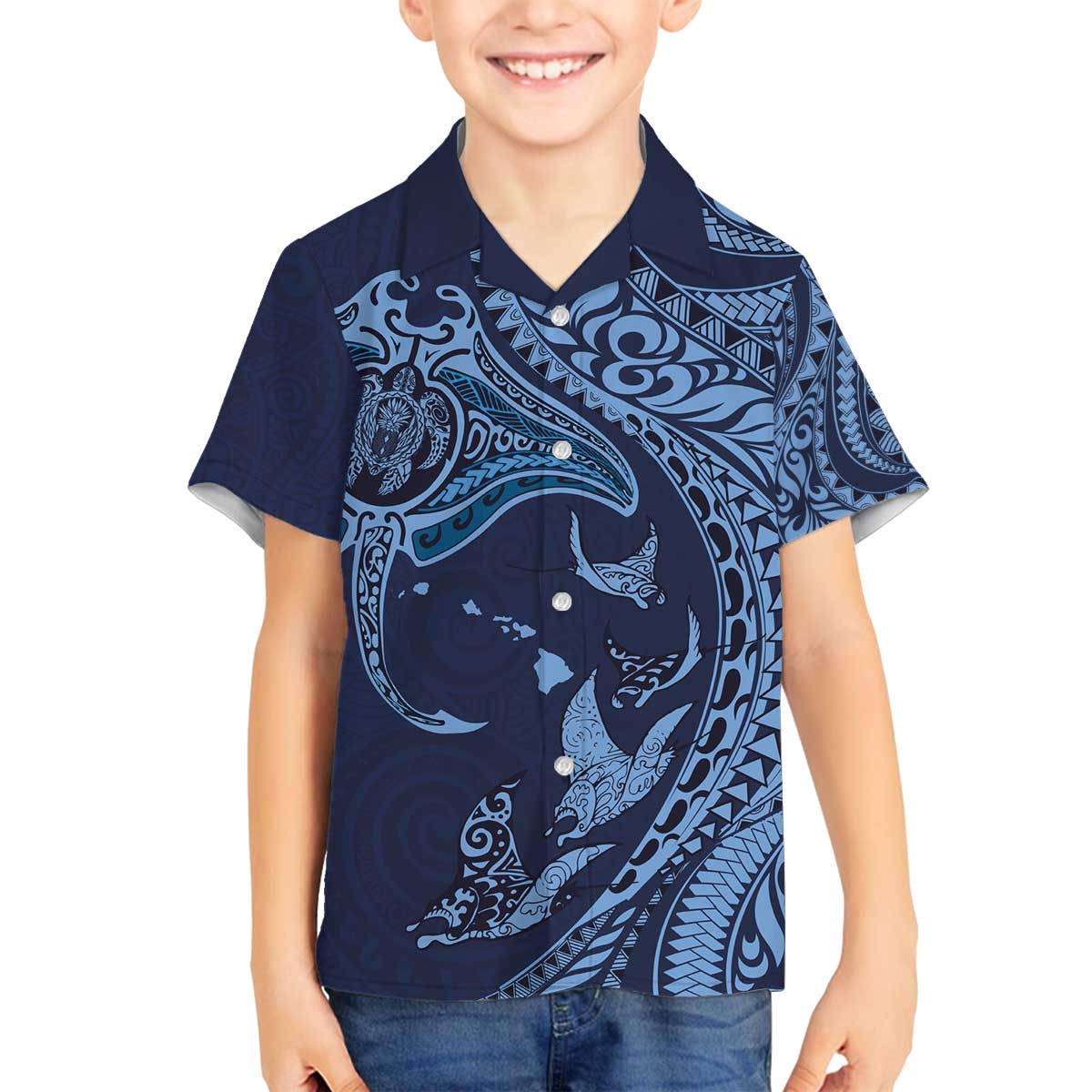 Hawaiian Manta Ray and Polynesian Tribal Tattoo Family Matching Puletasi and Hawaiian Shirt Dark Navy Color LT03