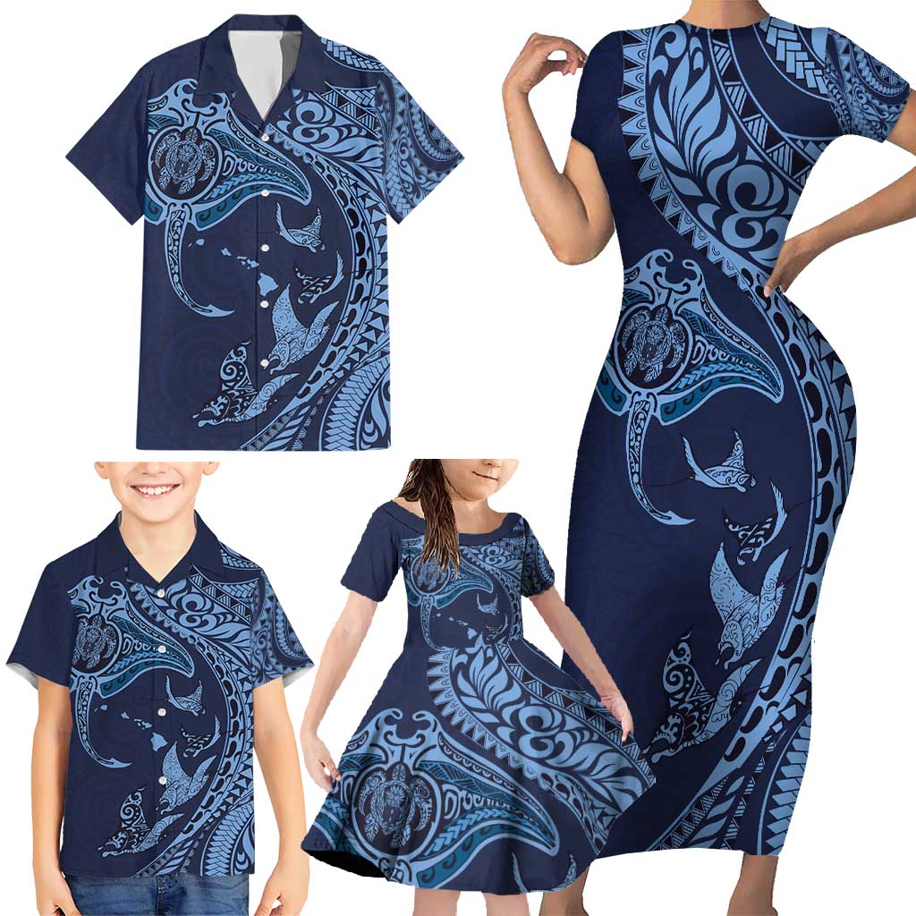 Hawaiian Manta Ray and Polynesian Tribal Tattoo Family Matching Short Sleeve Bodycon Dress and Hawaiian Shirt Dark Navy Color LT03 - Polynesian Pride