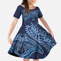 Hawaiian Manta Ray and Polynesian Tribal Tattoo Family Matching Tank Maxi Dress and Hawaiian Shirt Dark Navy Color LT03 Daughter's Dress Dark Navy - Polynesian Pride
