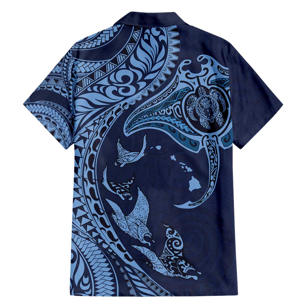 Hawaiian Manta Ray and Polynesian Tribal Tattoo Family Matching Tank Maxi Dress and Hawaiian Shirt Dark Navy Color LT03 - Polynesian Pride