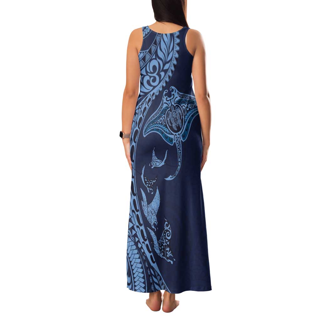Hawaiian Manta Ray and Polynesian Tribal Tattoo Family Matching Tank Maxi Dress and Hawaiian Shirt Dark Navy Color LT03 - Polynesian Pride
