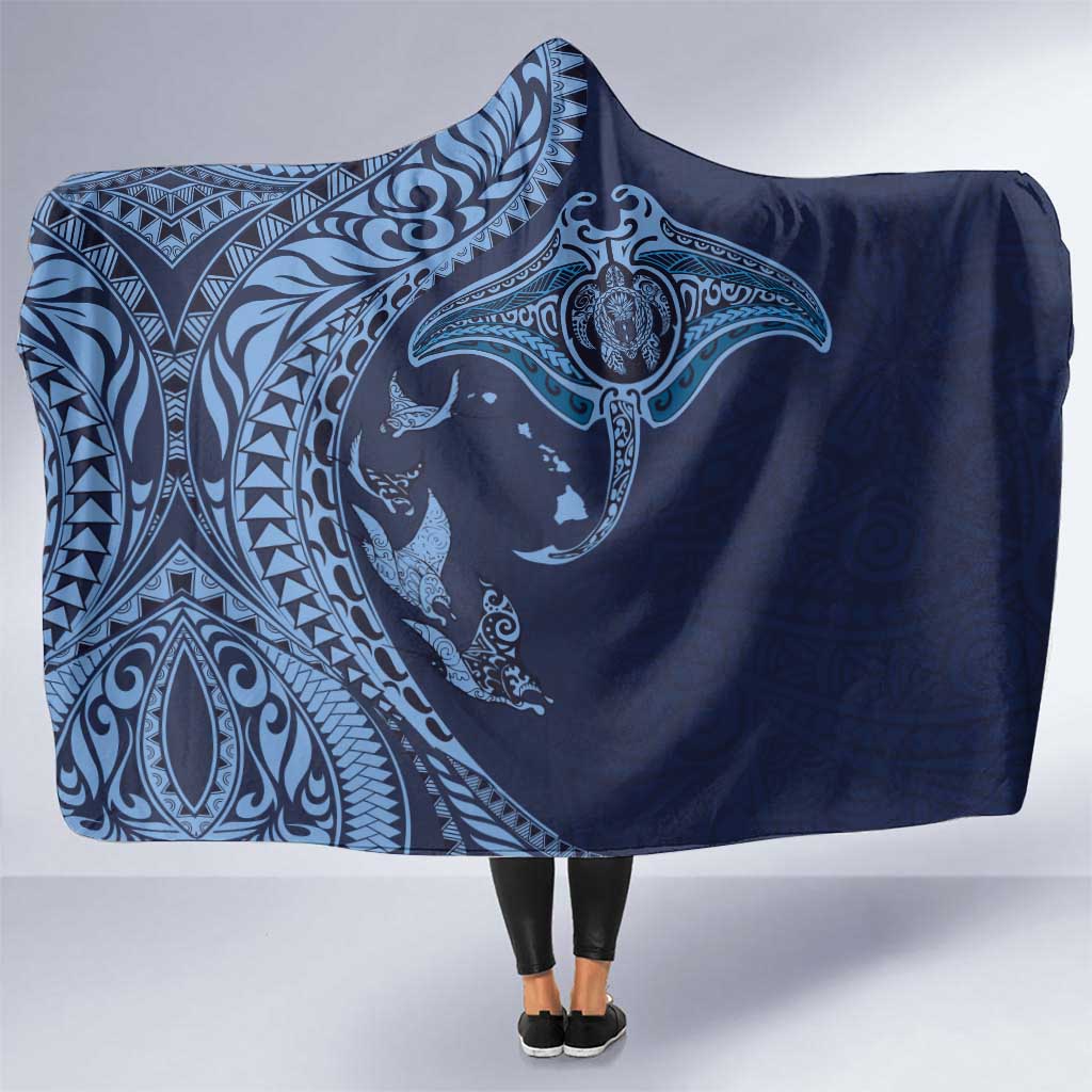 Hawaiian Manta Ray and Polynesian Tribal Tattoo Hooded Blanket Dark Navy Color LT03 One Size Dark Navy - Polynesian Pride