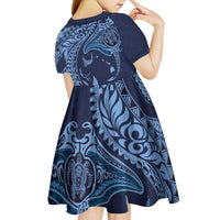 Hawaiian Manta Ray and Polynesian Tribal Tattoo Kid Short Sleeve Dress Dark Navy Color LT03