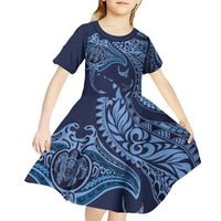 Hawaiian Manta Ray and Polynesian Tribal Tattoo Kid Short Sleeve Dress Dark Navy Color LT03