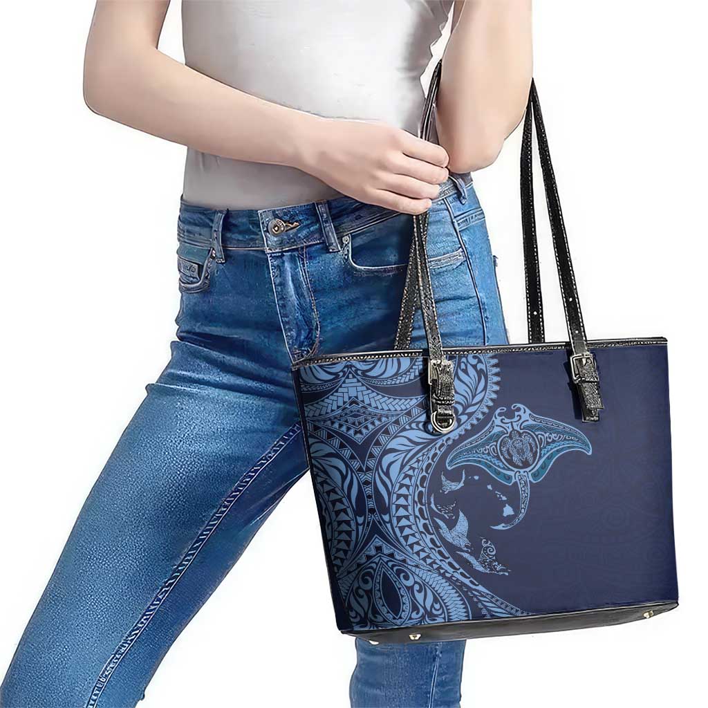 Hawaiian Manta Ray and Polynesian Tribal Tattoo Leather Tote Bag Dark Navy Color LT03