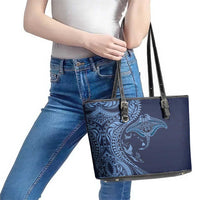 Hawaiian Manta Ray and Polynesian Tribal Tattoo Leather Tote Bag Dark Navy Color LT03