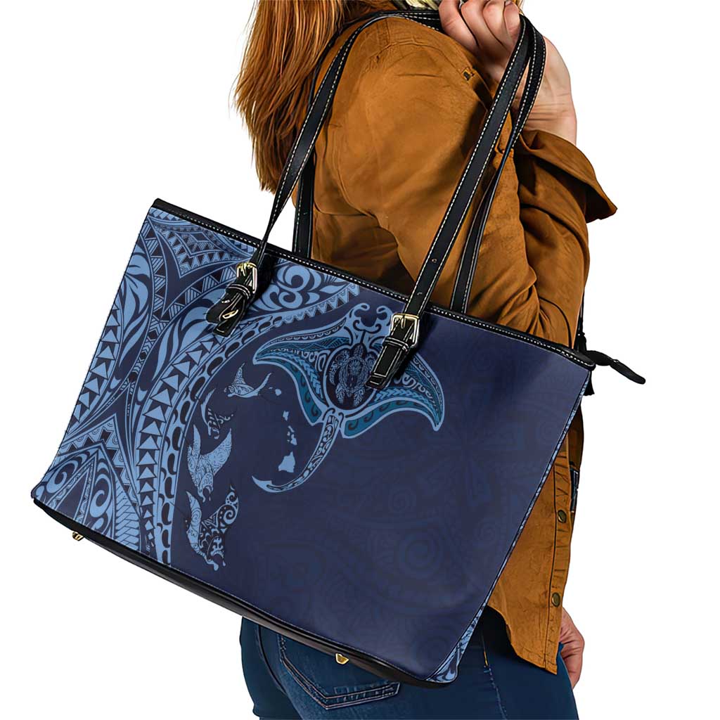 Hawaiian Manta Ray and Polynesian Tribal Tattoo Leather Tote Bag Dark Navy Color LT03