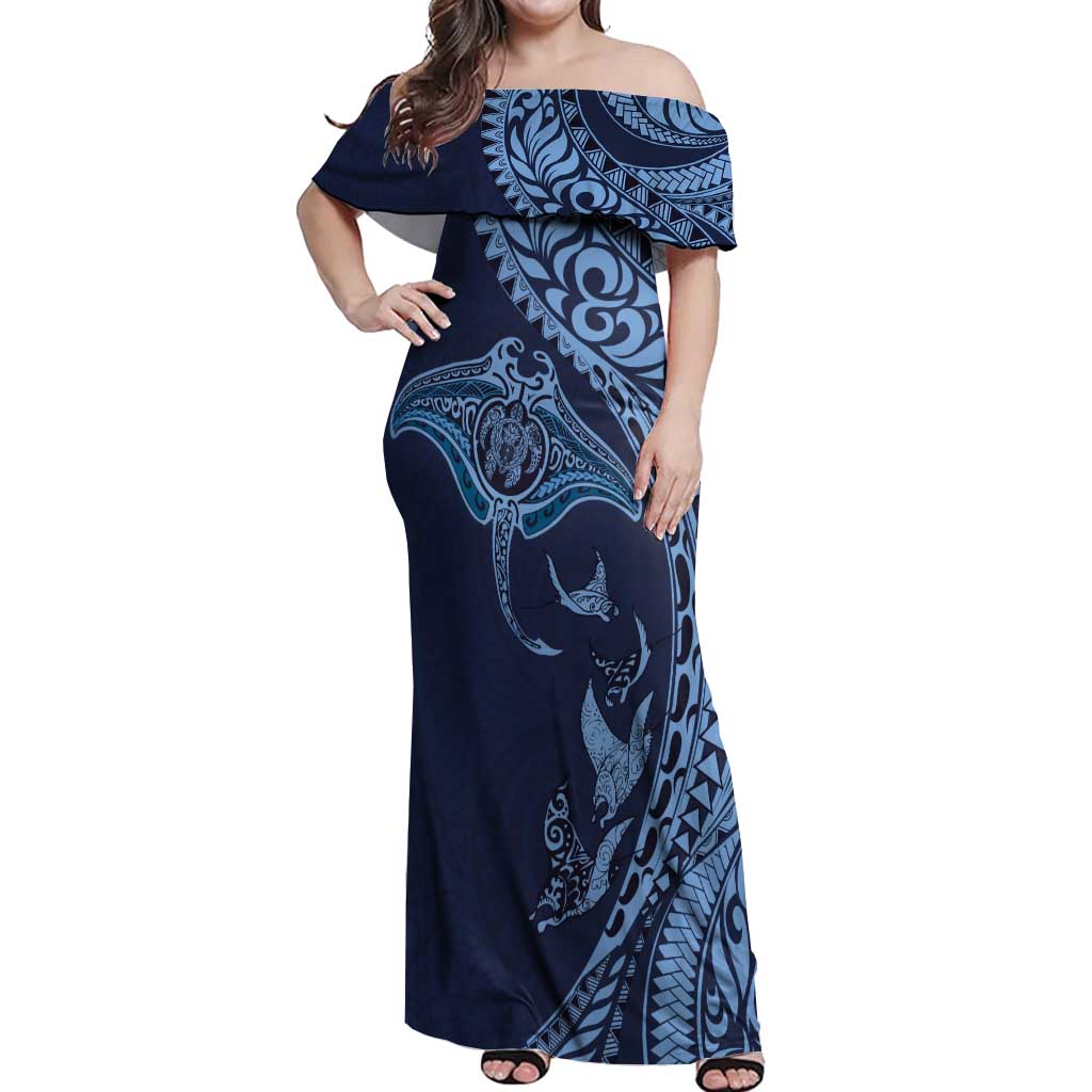 Hawaiian Manta Ray and Polynesian Tribal Tattoo Off Shoulder Maxi Dress Dark Navy Color LT03