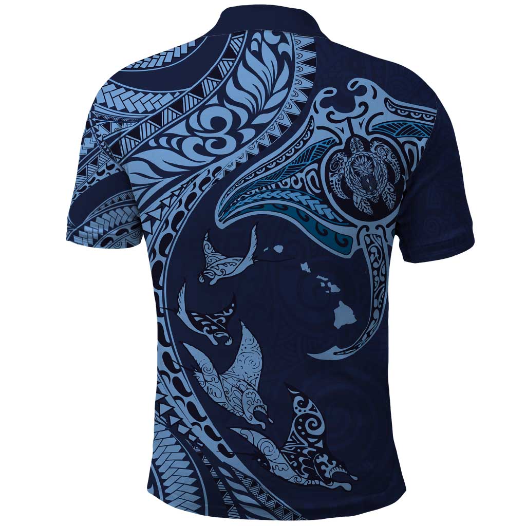 Hawaiian Manta Ray and Polynesian Tribal Tattoo Polo Shirt Dark Navy Color LT03